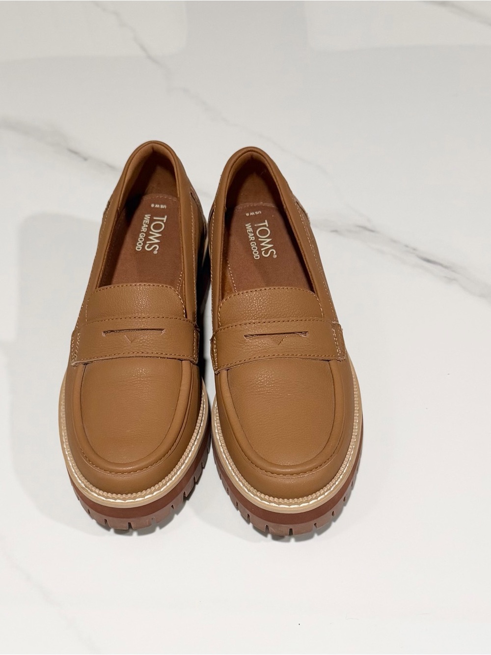 TOMS Cara Brown Leather Minimalist Quiet Luxury Chunky Penny Loafers - Size 8 - Picture 2 of 10
